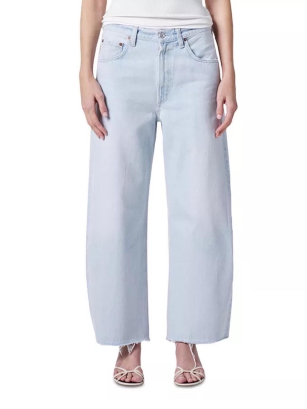 AGOLDE Low Curve Fray Barrel Jeans Light Wash Blue Denim Women Size 24